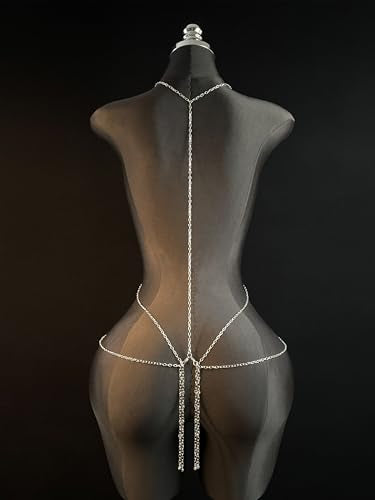 Paloli Gothic Cross Body Chain for Women – Silver Tone Adjustable Waist Body Jewelry, Vintage Filigree Y-Style Harness Necklace for Festival Party Outfit - style: Enchanted Green