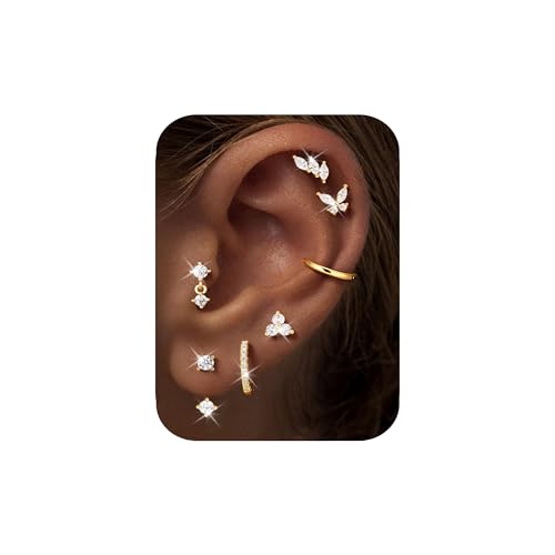 M MOOHAM Flat Back Earrings Stack for Women, Hypoallergenic 14K Gold-Plated Flatback Stud Hoop Cartilage Earring Set Trendy Multiple Conch Tragus Helix Piercing Jewelry Gifts