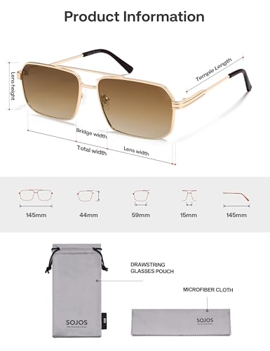 SOJOS Retro Polarized Square Sunglasses for Women Men Vintage Large Double Bridge UV Protection Metal Sun Glasses SJ1246 - color: Gold/Brown Grading