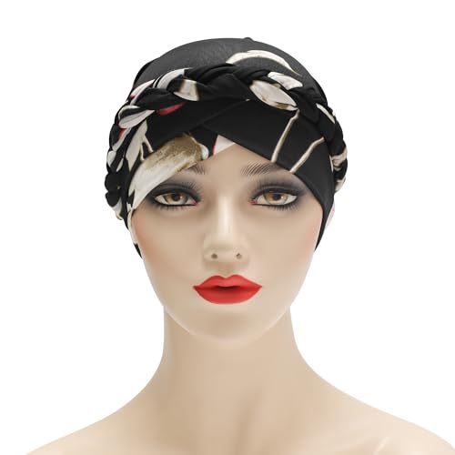 ZLYC Chemo Headwear for Women Pre Tied Turban Headwear Lightweight Beanie Hat - color: Braid Floral Black