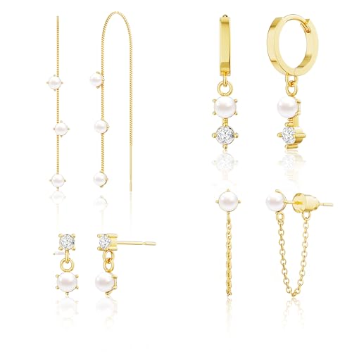 Pearl Earrings for Women, Gold Plated Huggie Hoop Drop Earrings | Hypoallergenic pearl hoop earrings designed for multiple piercings, cartilage styling and everyday wear - style: 4 pearl stud chain earring set-gd