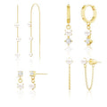 Pearl Earrings for Women, Gold Plated Huggie Hoop Drop Earrings | Hypoallergenic pearl hoop earrings designed for multiple piercings, cartilage styling and everyday wear - style: 4 pearl stud chain earring set-gd
