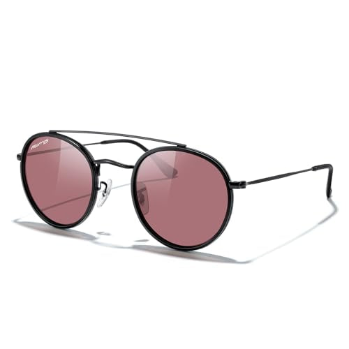 MERRY'S Retro Round Polarized Sunglasses - Unisex Double Bridge Sun Glasses - color: Matte Black Frame/Matte Black Bridge/Red Lens
