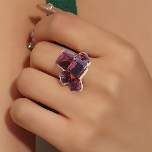 Hebelee Boho Square Crystal Statement Ring for Women Gold-Toned Adjustable Expandable Promise Engagement Geometric Rings Comfort Fit Elegant Art Deco Birthday Christmas Cocktail Party Y2K Jewelry - color: Wine Red