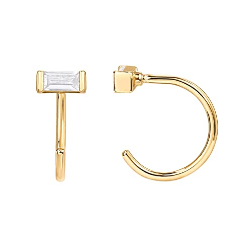 PAVOI 925 Sterling Silver Huggie Half Hoop Earrings | Hypoallergenic Minimalist Tiny Cartilage Earring - style: Baguette