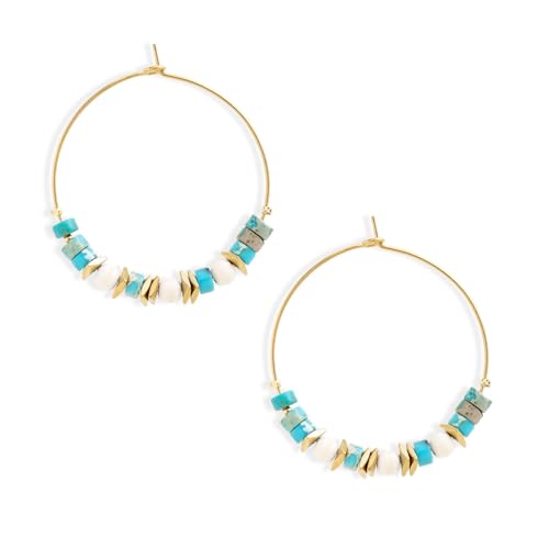 Natural Stone Beaded Hoop Earrings for Women, Boho Handmade Lightweight Hypoallergenic Trendy Summer Beach Accessories Fashion Jewelry Gift - color: Turquoise
