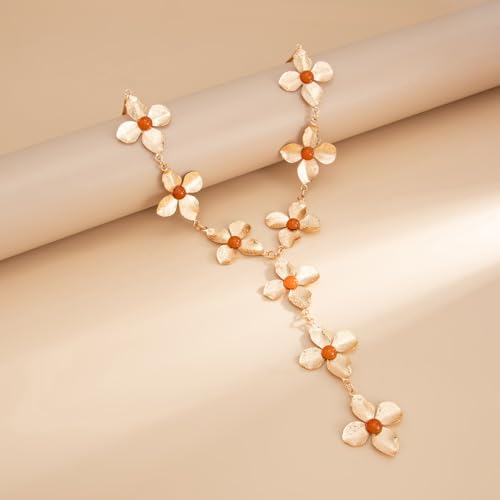 Gold Flower Y Chain Necklace for Women Layered Flower Pendant Choker Long Rhinestone Chain Necklace Party Prom Jewelry - color: Gold A