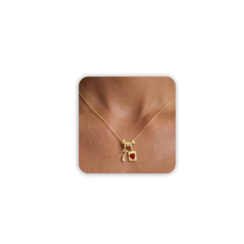 Freekiss Gold Pendant Necklace for Women, Dainty Diamond Necklaces for Women Simple 14K Gold Plated Paperclip Choker Necklaces Cute Minimalist Open Oval Necklaces Gold Jewelry for Women Gifts - color: Gold, style: Number 7 - Agate Red Square