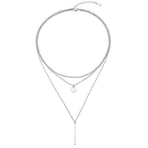 Disc Bar Pendant Layering Necklace Stainless Steel Layered Chain Choker - color: Silver