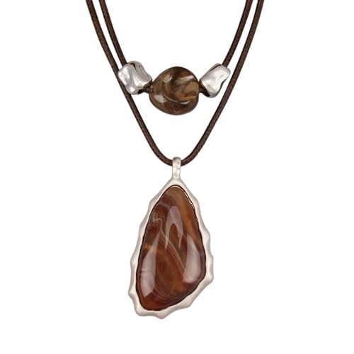 GelConnie Boho Necklaces for Women Cowgirl Necklace Stone Leather Cord Pendant Necklaces With Beads Long vintage Layered Choker Necklace - style: Brown Stone Necklace