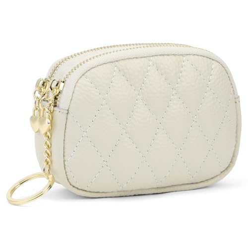 SENDEFN Women's Coin Purse Genuine Leather Wallet Small 2 Zippers Change Pouch Purse with Keychain Ring - color: 2-Beige