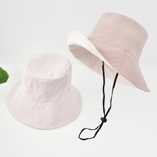 Women's Summer Sun Hat - Reversible Design with Striped Lining Adjustable Brim for Travel and Outings Cap - color: Stripes-pink