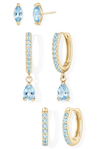 14K Gold Plated Small Huggie Hoop Earrings Set for Women, Hypoallergenic Dainty Sterling Silver Dangle Studs for Cartilage Helix, Lightweight Trendy Cute Stack Birthstone Jewelry Gift - color: 03_Aquamarine_Mar_Gold