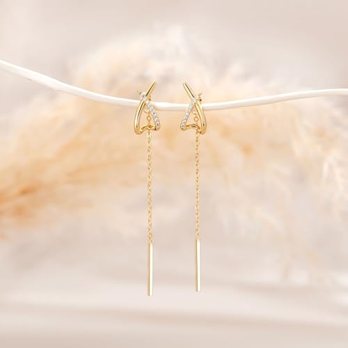14K Gold Plated Dangle Earrings for Women Chain Dangling Long Earrings Trendy CZ/Twisted X Hoop Studs Dainty Threader Earrings Wedding Hanging Drop Dangly Minimalist Jewelry Gifts for Woman - style: 3