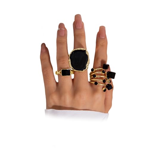 Chunky Black Crystal Statement Rings for Women Gold Large Enamel Round Finger Ring Vintage Cocktail Party Formal Prom Festival Birthday Jewelry - color: Gold