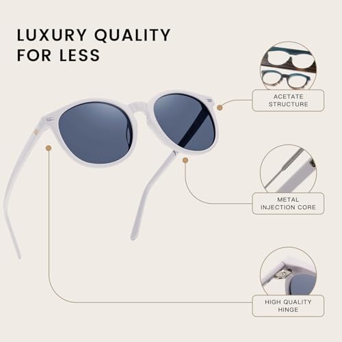 DUCO Women's Trendy Retro Round Acetate Polarized Sunglasses, UV400 99% Glare Block, Lightweight for Daily & Outdoor - color: White Frame Grey Lens