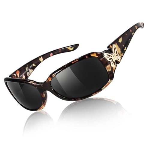 TJUTR Polarized Sunglasses for Women with Wrap Around Butterfly Design, Trendy Jackie-O Style for UV400 Protection - color: A74 Brown Floral Frame Grey Lenses