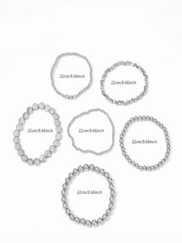 6Pcs Beaded Anklets for Women Elastic Stretch Ankle Bracelets Set Gold Silver Tone Boho Star Disc Charm Foot Jewelry Beach Gift - color: Silver