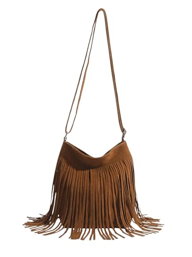 OYOANGLE Women's Fringe Bags Adjustable Strap Tassel Crossbody Bags Hippie Western Purse Cowgirl Shoulder Bag - color: Brown