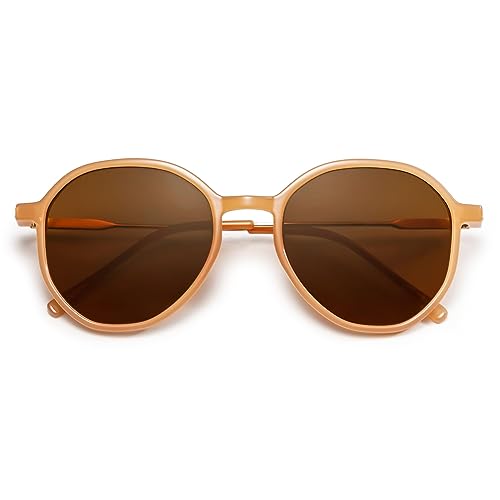 SOJOS Trendy Designer Hexagon Round Sunglasses for Women Fashion Big Shades Geometric Women Sunglasses SJ2181 - color: Light Brown