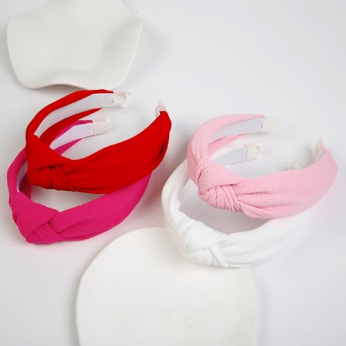 WOVOWOVO 4 Packs Knotted Headbands for Women, Fashion Wide Head Bands for Women's Hair Non Slip Boho Hairbands Red Pink White Hair Accessories - color: Pink Set