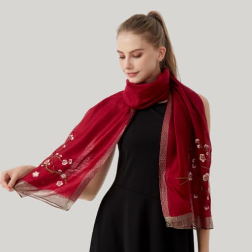 WINCESS YU Women Mulberry Silk Scarf Long & Large Embroidered Floral Pattern Shawl and Wraps Neckerchief for Hair & Neck - color: Red