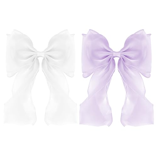 Large Hair Bow Clips for Women, White Purple Bow Hair Barrettes with Long Tail French Hair Ribbon Clips Hair Accessories for Girls (White,Purple) - color: White,Purple