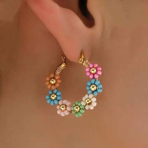 Colorful Rice Beads Flower Hoop Earrings for Women Handmade Beaded Boho Gold Circle Earrings Jewelry Resin Floral Hoop Earring Gift
