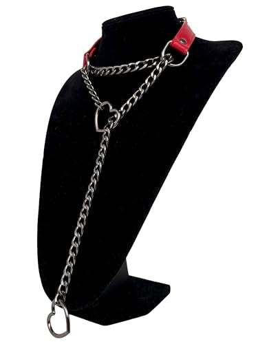 Black Leather Choker Collar For Women, Handmade Heart Slip Chain Choker Long Necklace with Adjustable Buckle - color: B-Red-Black-Black, size: 18''chain