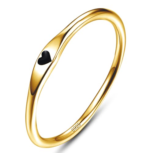 925 Sterling Silver Heart Ring for Women, 1mm Ultra Thin 14K Plated Gold Hypoallergenic Wedding Band with Black/Yellow/Red/Blue/Pink Love, Promise Stack Travel Jewelry Gifts Size 5-10 - color: H-Gold-Black