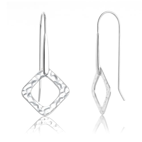 LeCalla 925 Sterling Silver Drop & Dangle Earrings for Women | Handmade Hammered Textured Drop Dangle Earring Jewelry | Women's Hammered Earrings Jewelry for Gift Mom Wife - color: Open Square