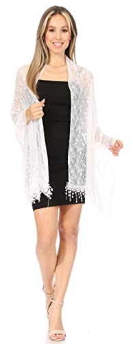 Sakkas Mari Women's Large Lightweight Soft Lace Scarf Wrap Shawl Floral and Fringe - color: Style4-white