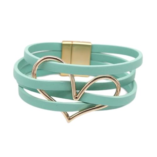 Fuqimanman2020 Boho Heart Charm Leather Wrap Bracelet for Women Handmade Layered Cuff Bracelets Bohemian Multi Strand Bangle Bracelets Christmas Jewelry Gift - color: Green