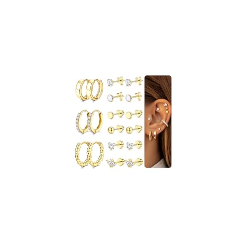Hypoallergenic Flat Back Earrings Stacks for Women - Surgical Steel Studs Small Hoop Flatback Stud Cartilage Earring Sets for Multiple Piercing Jewelry 14K Gold/Silver Plated 9Pairs