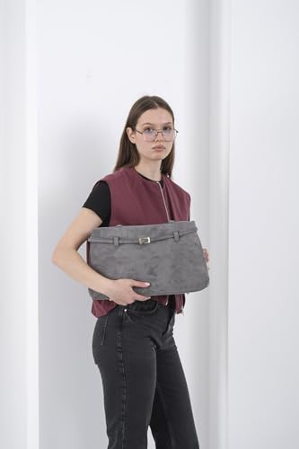 Base’ic Women’s Suede Tote Bag with Gold Hardware – Trendy Slouchy Shoulder Hobo Satchel Handbag Work Purse Travel Gift - color: Grey (Gold Hardware)