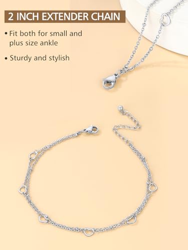 FindChic Black/Silver/Gold Plated Anklets Set of 2PCS/3PCS Herringbone Chain Cuban Link Heart Charm Sparkling Tennis Ankle Bracelets, Waterproof Summer Foot Jewelry for Beach - color: 07. Silver-Layered Heart Charm