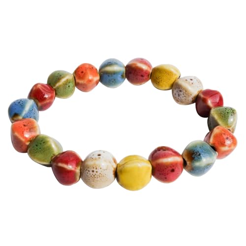 Handmade Multi-Color Faceted Ceramic Beads Bracelet for Women, Boho Stretch Bracelet with Oval Colorful Glazed Beads, Adjustable Bohemian Jewelry Gift for Mom Wife - color: colorful