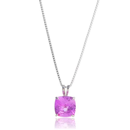MAX + STONE Cushion Cut Gemstone Necklace | 8mm Solitaire Birthstone Necklace for Women | Gemstone Pendant Necklaces with 18 inch Box Chain - color: Created Pink Sapphire