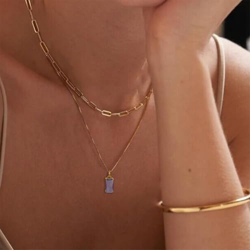 Dainty Gold Charm Necklaces for Women Non Tarnish, 14K Trendy Blue Green Cubic Zirconia Emerald Pendant Birthstone Necklaces Birthday Gifts for Women Waterproof Jewelry - color: 02-February(Amethyst)