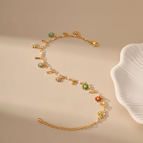 Yumikoo 18k Gold Plated Anklet Ankle Bracelets for Women - style: Colorful Flowers Square Rings