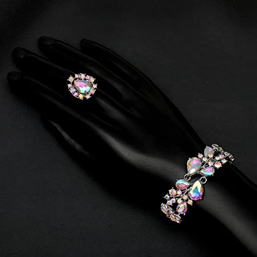CSY 4 Pcs/Set Austrian Crystal Necklace Earrings Bracelet Ring Bridal Jewelry Sets for Brides Wedding Party Costume Accessories Gifts for Women - color: Iridescent AB Crystal - Silver tone