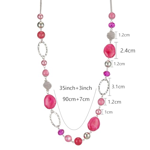 BULINLIN Beaded Long Necklace for Women Silver Sweater Chain Necklace with Crystal Resin Beads, Fashion Jewelry Necklace - color: Hot Pink