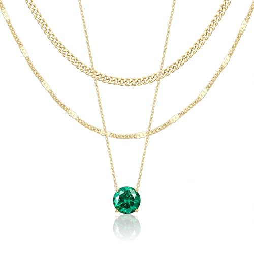WomenGifts Layered Gold Necklaces for Women, 14K Gold Sterling Silver Plated Dainty Pendant Necklace Set Non Tarnish, Chunky Stackable Cuban Chain Choker, Trendy Birthstone Vacation Jewelry Gift - color: Gold, style: Cubic Zirconia-Created Emerald-May