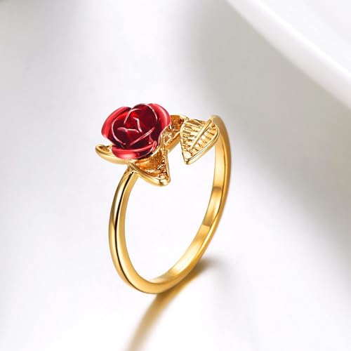 U7 Rose Flower Ring, Stackable Band Ring for Women Girls, Platinum Silver/Gold/Rose Gold Red Signet Rings Adjustable Fit Size 5 to 10 - color: Red Rose-Gold