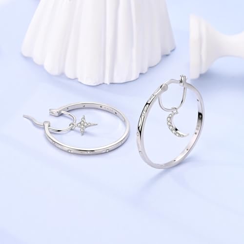 NARMO 925 Sterling Silver Hoop Earrings for Women Hypoallergenic Lightweight Simple Huggie Hoop Earrings Twisted Hoop Earrings Colorful Cubic Zirconia Hoop Earrings Rainbow Hoop Earrings - color: Moon&Star
