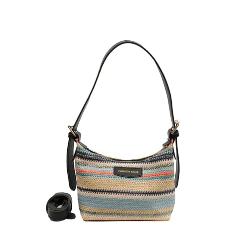 Women's Woven Beach Shoulder Handbag Colorful Straw Tote Bag Summer Vacation Crossbody Bag - color: 9706black