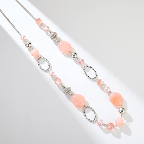 BULINLIN Beaded Long Necklace for Women Silver Sweater Chain Necklace with Crystal Resin Beads, Fashion Jewelry Necklace - color: Pink