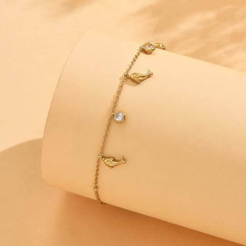 Gold Ankle Bracelets for Women 18K Gold Plated Waterproof Starfish Sea Shell Pearls CZ Diamond Dangle Anklets Trendy Summer Beach Foot Chain Jewelry Gift - style: Dolphin CZ Drop-Gold