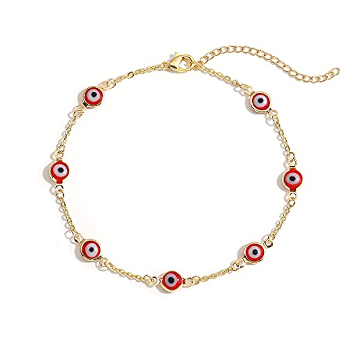 SLOONG Evil Eye Beaded Anklet Bracelets for Women, 14K Gold Plated Ankle Bracelet Jewelry Beach Beads Anklet Set Ankle Bracelets for Women - color: Red