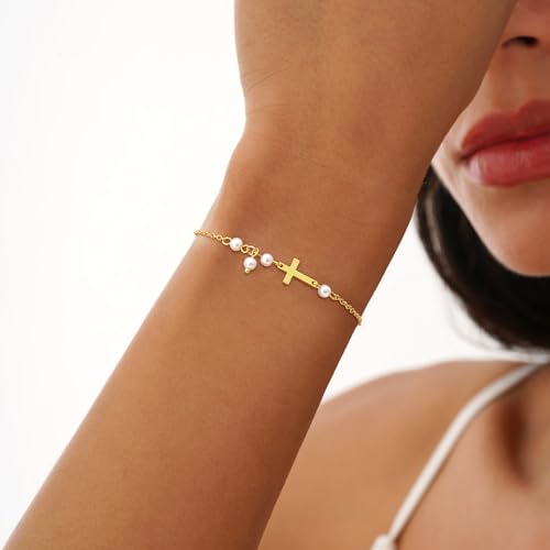 NECOCY Mothers Day Gifts Cross Bracelet for Women, Dainty 14K Gold/Silver Plated Pearl Cross Chain Bracelet Religious Christian Baptism Jesus Catholic Bracelet Jewelry Gift for Mom Wife Daughter - style: Style-4